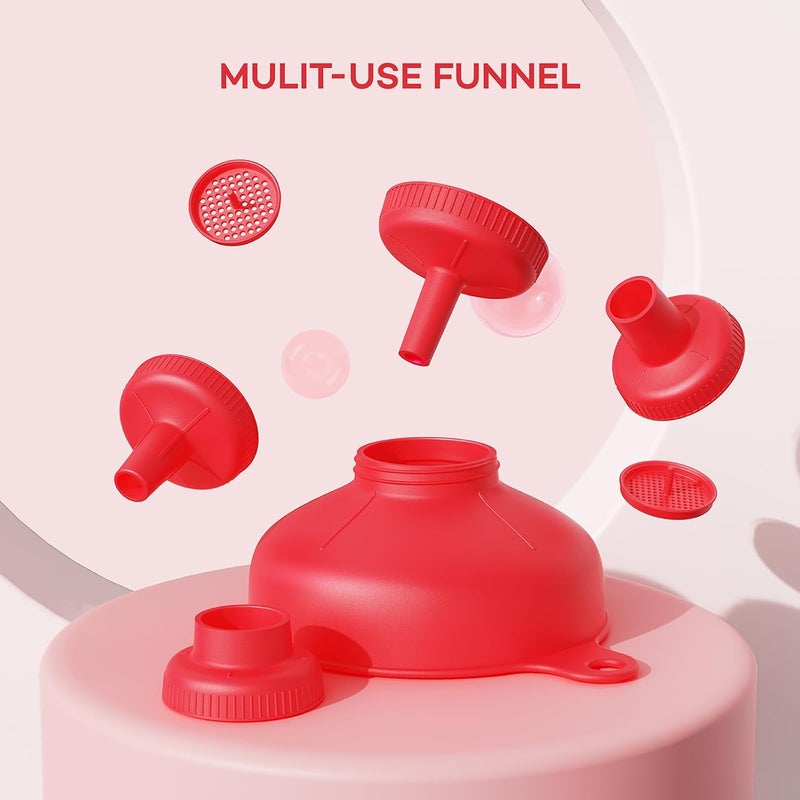 Pisol Wide Mouth Versatile Funnel, Canning Funnels for Kitchen Use, Food Grade Plastic Cooking Funnel Set with 4 Size Spouts and 2 Strainers for Filling Different Bottles and Bags, Red - Image 2